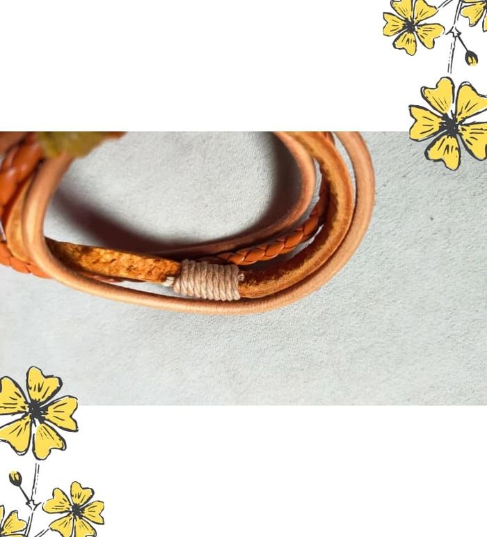 Bracelet cuir camel tressé & lanières naturelles – style bohème mixte - photo numéro 4
