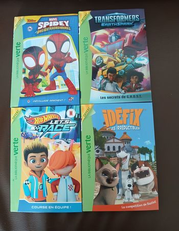 lot 4 livres garcon spidey,transformers,idefix,hot wheels bibliotheque verte 6/8 ans