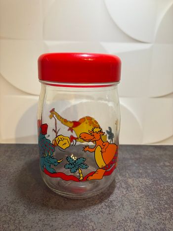Bocal en verre coloré vintage Le Parfait - décor Dinosaures