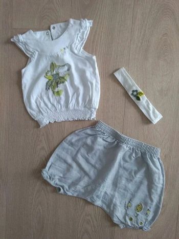 Ensemble été blanc et gris 3 pièces sarouel fille Orchestra 9 mois