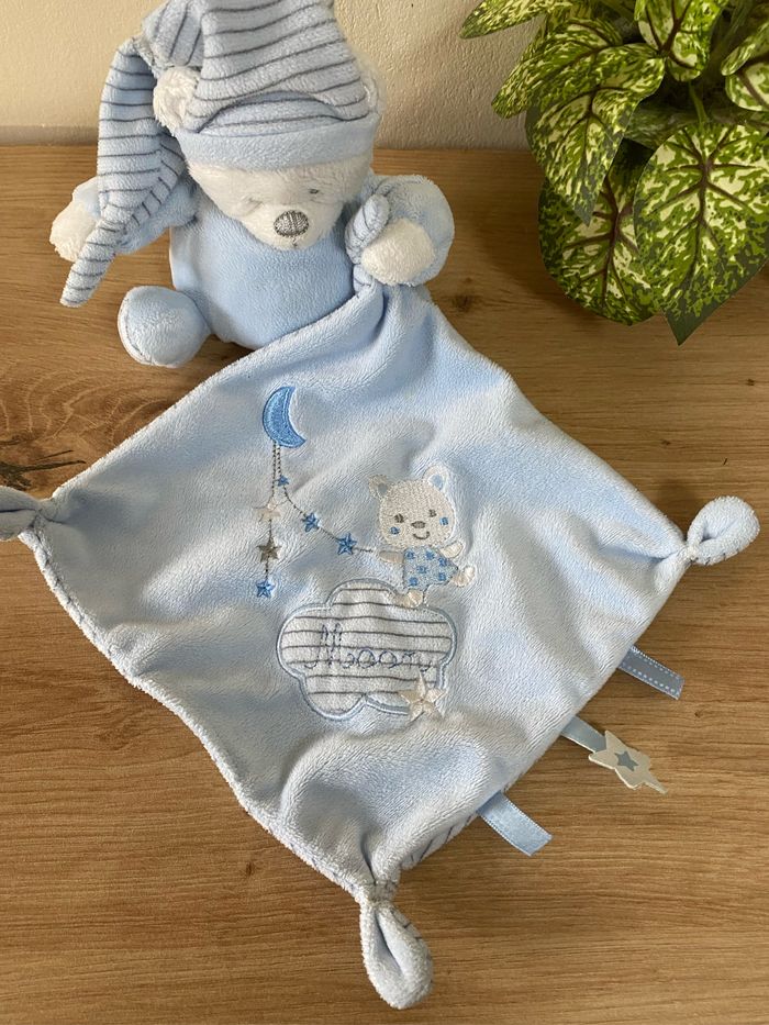 Doudou ours bleu mouchoir lune étoile moon max & sax - photo numéro 2