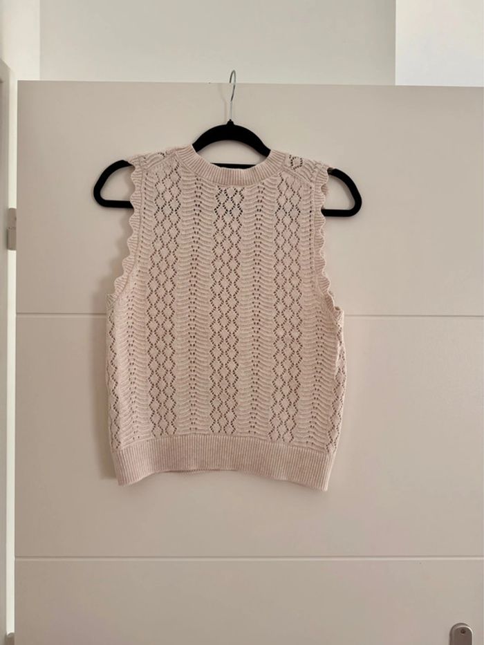 Ensemble maille tricot beige broderie pantalon top sans manches beige crème été coton M L - photo numéro 8