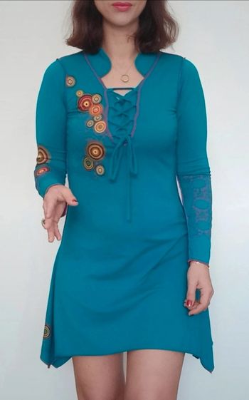 Robe mi saison turquoise ethnique Coline taille 38