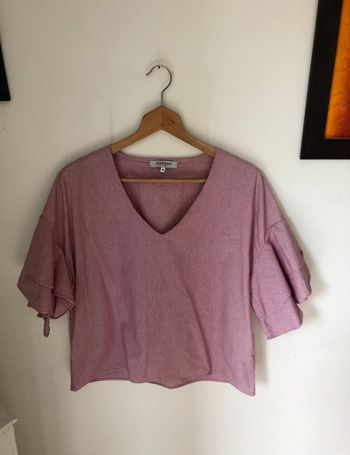 Blouse rayée blanche et rose avec manches à volants Morgan