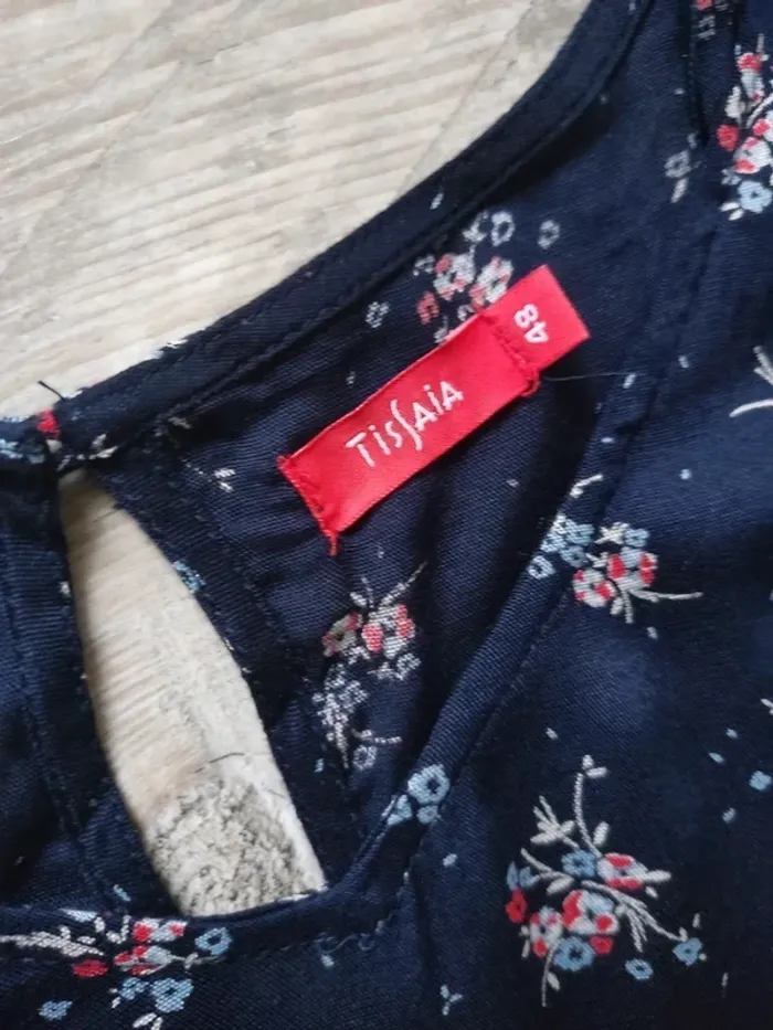 Robe droite mi-longue manches 3/4 évasées bleu nuit ceinture à nouer motif fleuri taille 48 Tissaia - photo numéro 11