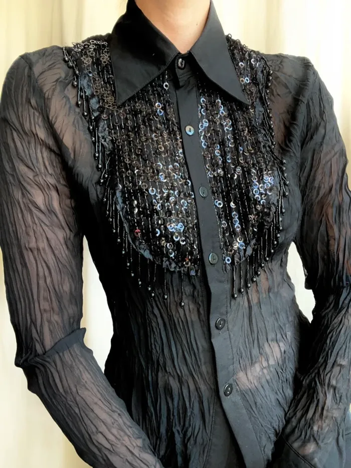 Chemise sequins perles mesh matière froissée Goth Vampire Whimsigoth vintage 90s - Taille S - photo numéro 2