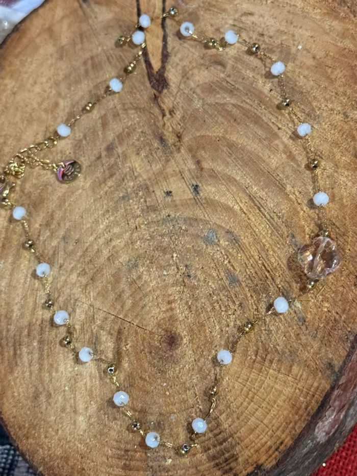 Collier réglable acier inoxydable or perle et trèfle rose pastel - photo numéro 7