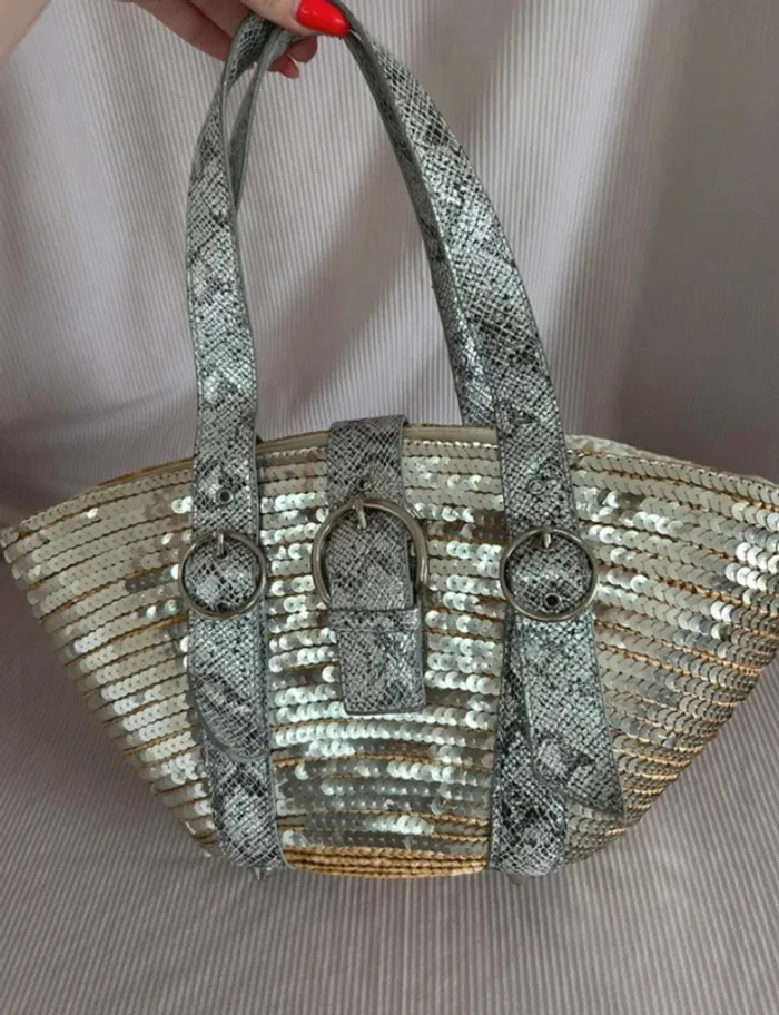 Sac à main paille sequin argenté effet pitons