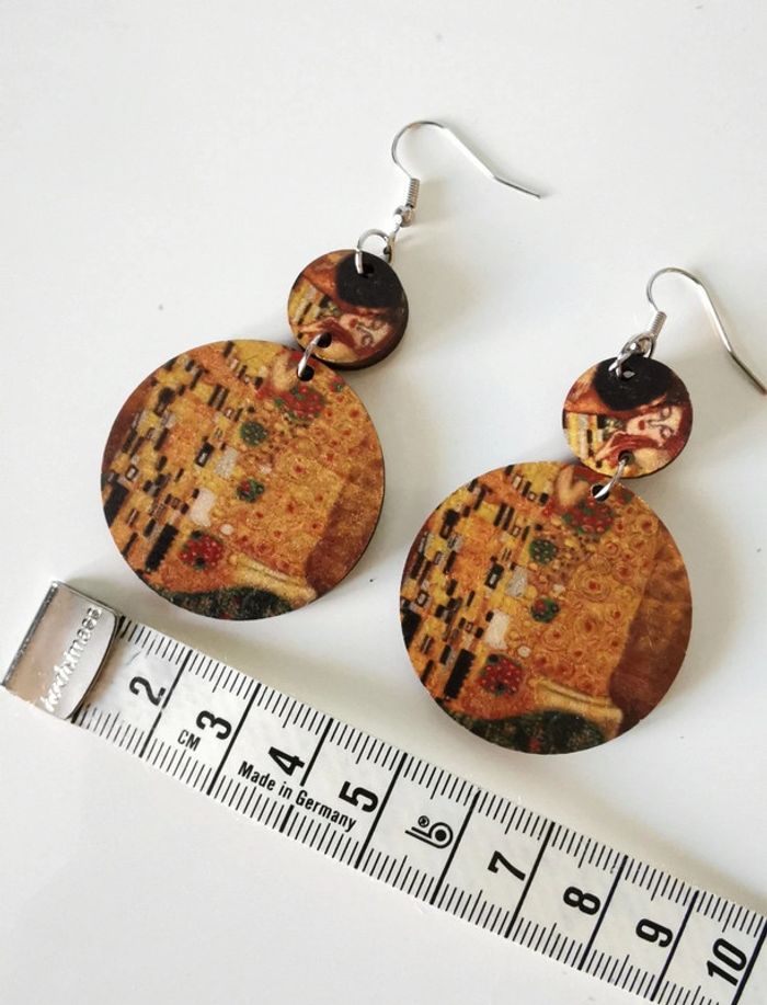 F54 boucles d'oreilles bois peint artiste Klimpt - photo numéro 2