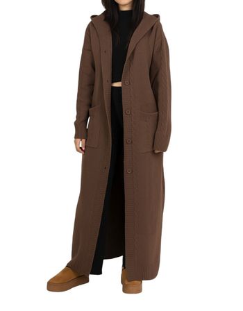 Cardigan Long-Gilet en Grosse Maille avec Capuche et Poches