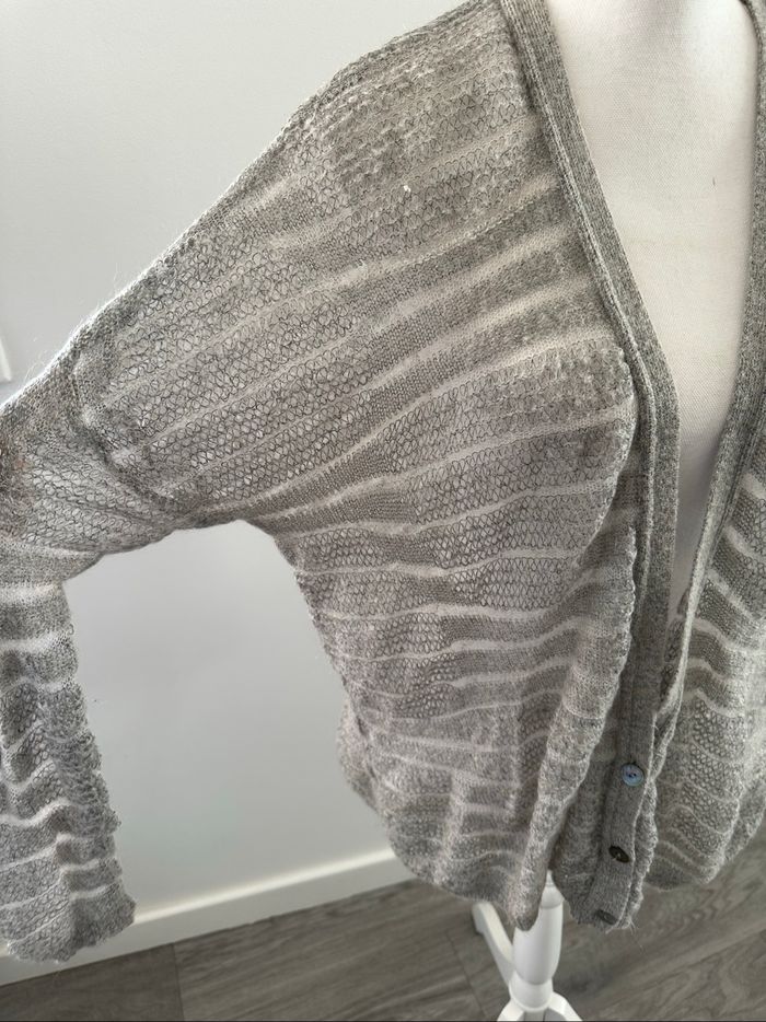 Cardigan oversize maille ajourée gris et blanc mohair Benetton T38 M - photo numéro 3