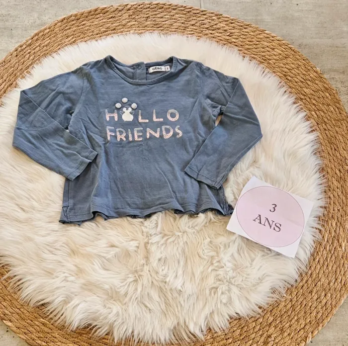 T-shirt manche longue hello friends 3 ans fille