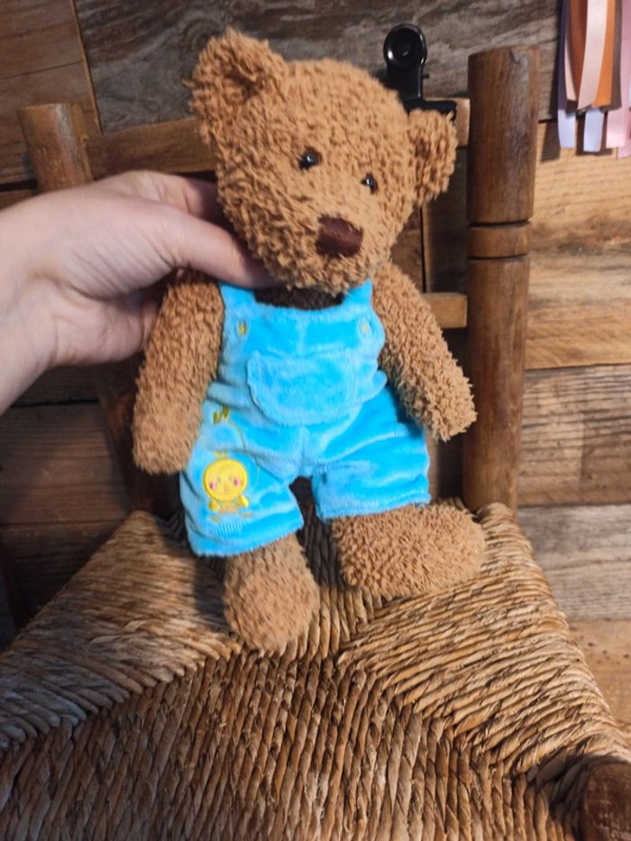 Peluche ours Nicotoy salopette bleue tbe - photo numéro 3