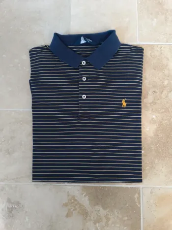 Polo Ralph Lauren Golf homme L marine rayures jaunes et vert logo jaune état moyen