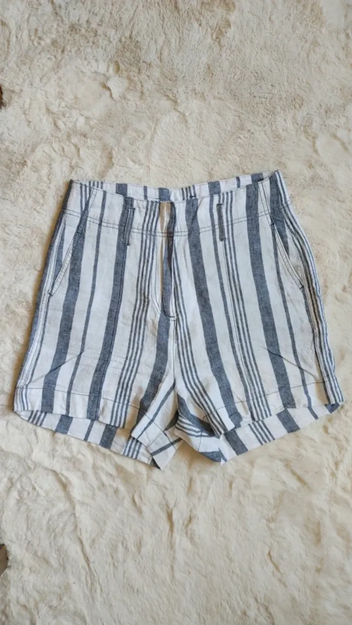 Mini Short rayé blanc bleu gris taille haute en lin et viscose - photo numéro 2