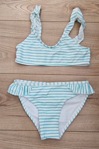 Maillot de bain fille rayé blanc et vert - Taille 8
