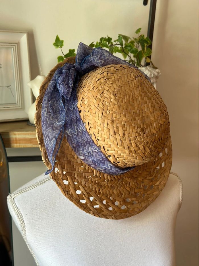 Chapeau en paille ruban imprimé bleu modèle vintage fabriqué en Italie T.U - photo numéro 9