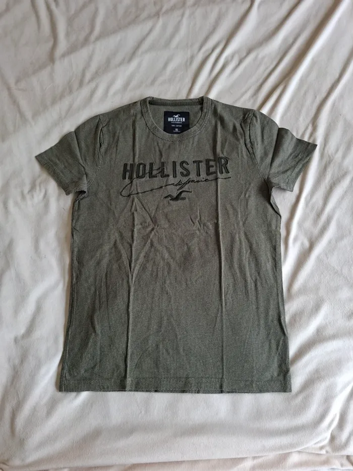 t-shirt garçon gris/vert, taille XS, marque Hollister, écriture sur le devant, en très bon état