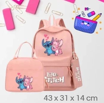 🌸 Ensemble scolaire Sac à Dos, Lunchbox et Trousse Stitch & Angel rose
