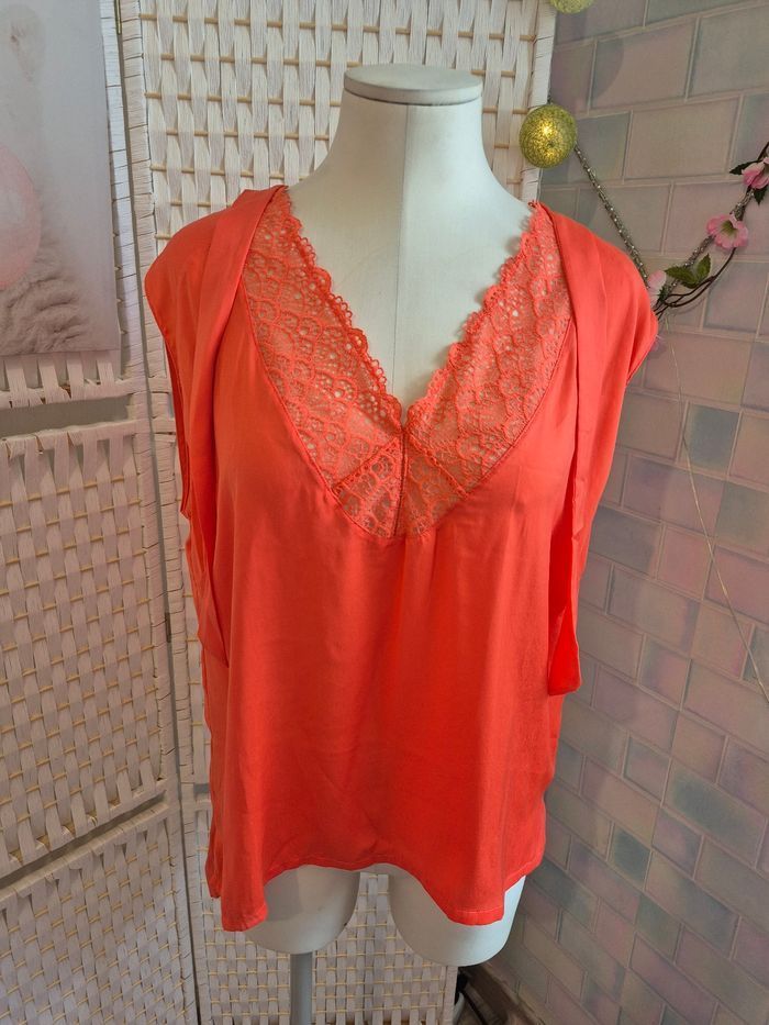 💕Joli Top saumon Darjeeling - Encolure dentelle & liens - femme T42 💕 - photo numéro 2