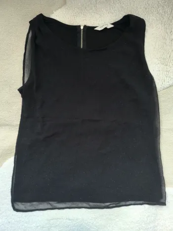 🖤 Haut noir Naf Naf sans manches – Bimatière & voile pailleté – Taille L