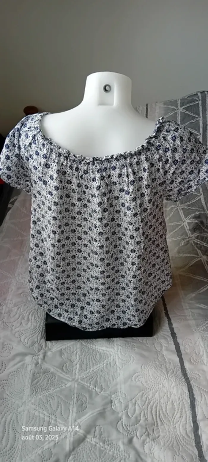 Blouse courte large col Bardot elastique potif fleurs bleu femme 38 clockhouse - photo numéro 8