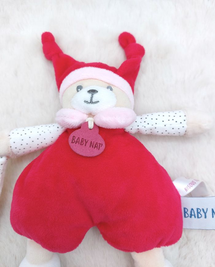 Doudou peluche ours Brioche rose fuchsia BABY NAT BN0733 mouchoir blanc pois - photo numéro 3