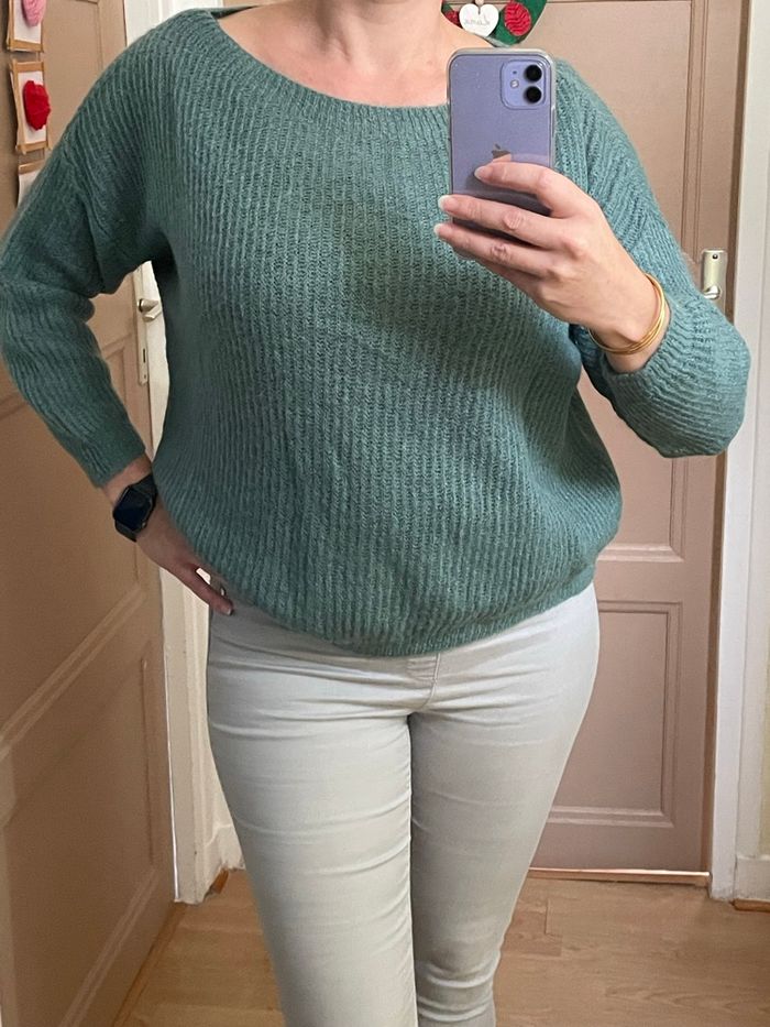 Pull vert -bleu en maille manches  3/4 - photo numéro 4