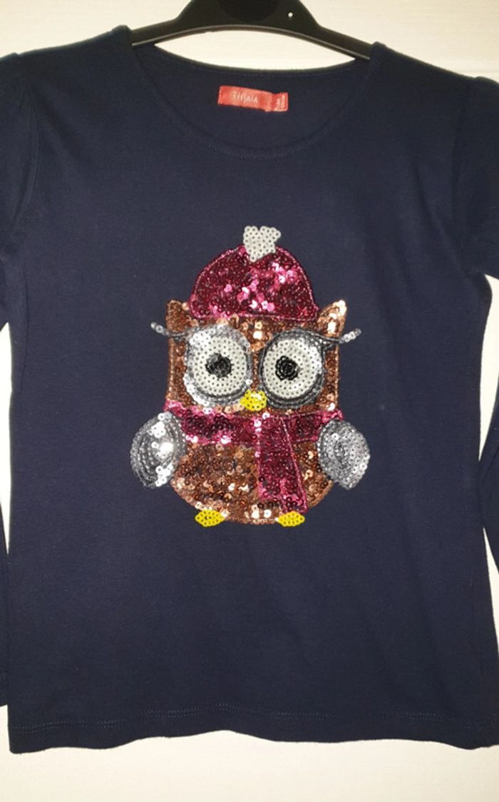 Tee-shirt ML hibou/chouette à sequins 8 ans - photo numéro 2