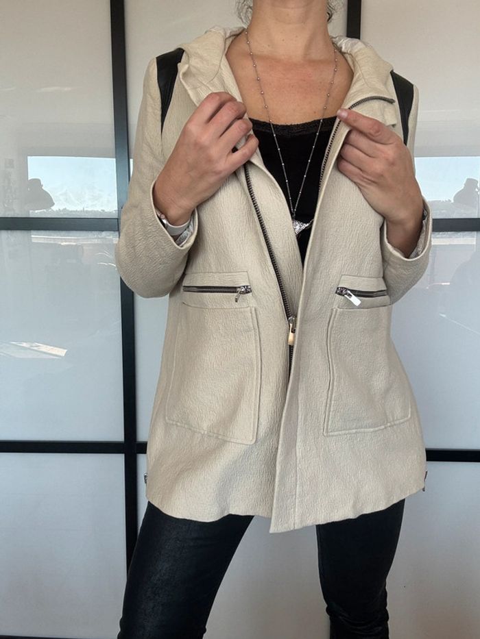 Magnifique manteau à capuche empiècements cuir Maje 40 - photo numéro 10