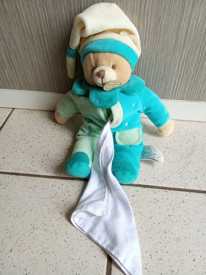 Doudou ours, bébé garçon bleu , blanc, vert pâle mouchoir, marque doudou et compagnie - photo numéro 6