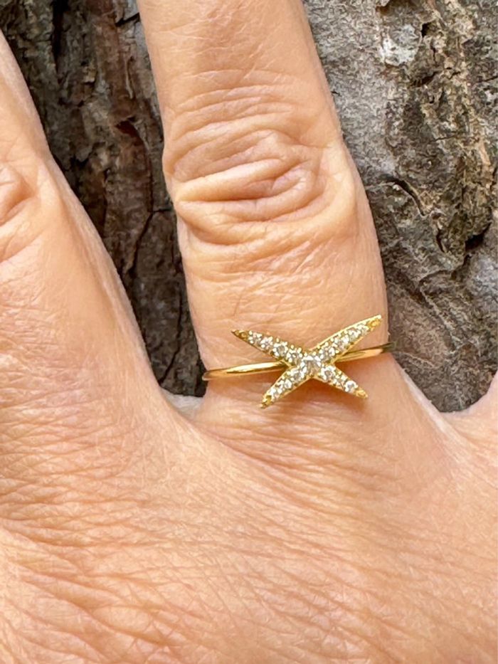 Bague réglable acier inoxydable or lien croisés cristaux