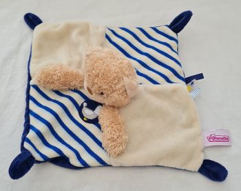 Doudou ours carré plat blanc et bleu rayé- Mouette - Pommette