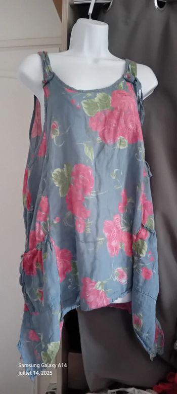Tunique fines bretelles assymetriques motif fleurs bleu rose femme XL made in Italy