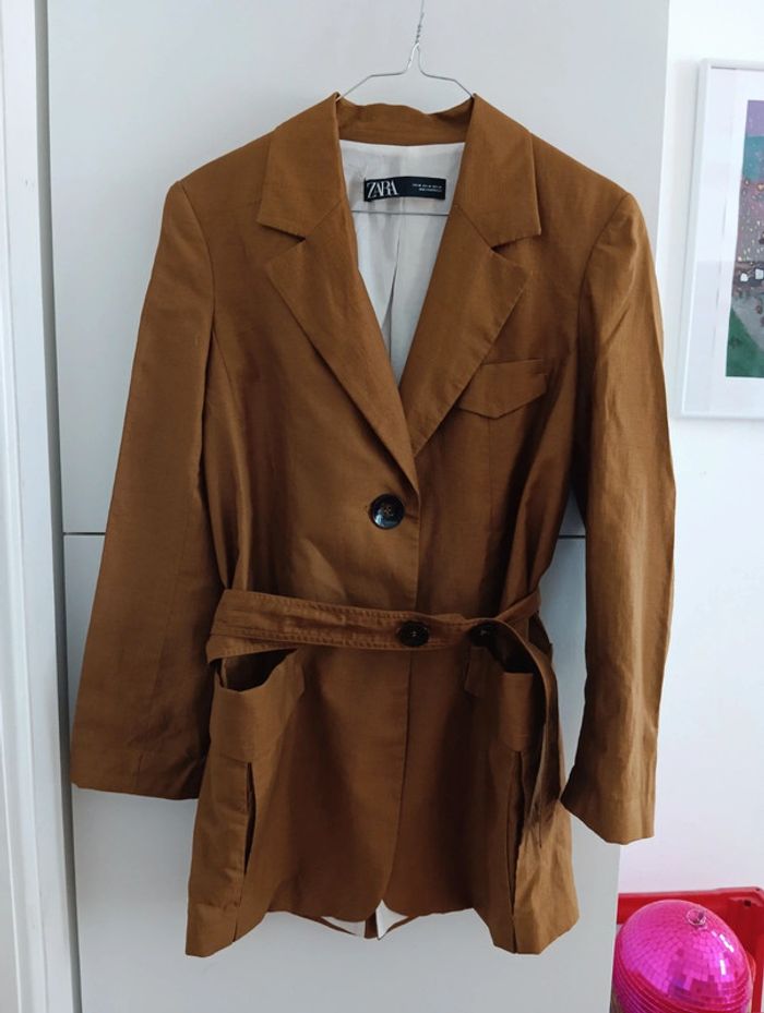 Veste marron camel oversize Zara en lin ceinturée taille XS - photo numéro 4