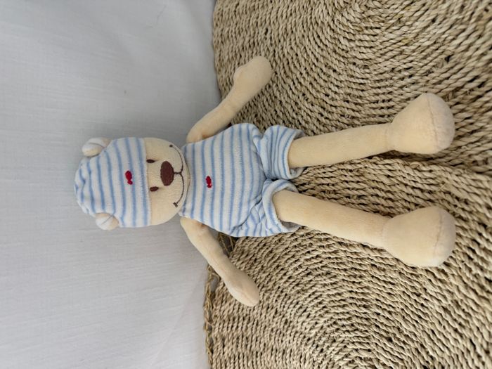 Doudou Ours Blanc Salopette Rayée Bleue Bengy