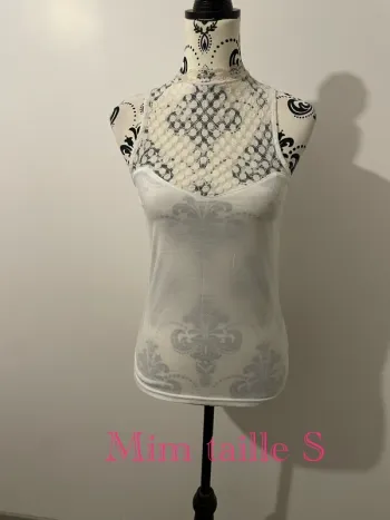 T-shirt débardeur sans manche blanc col montant dentelle Mim taille S