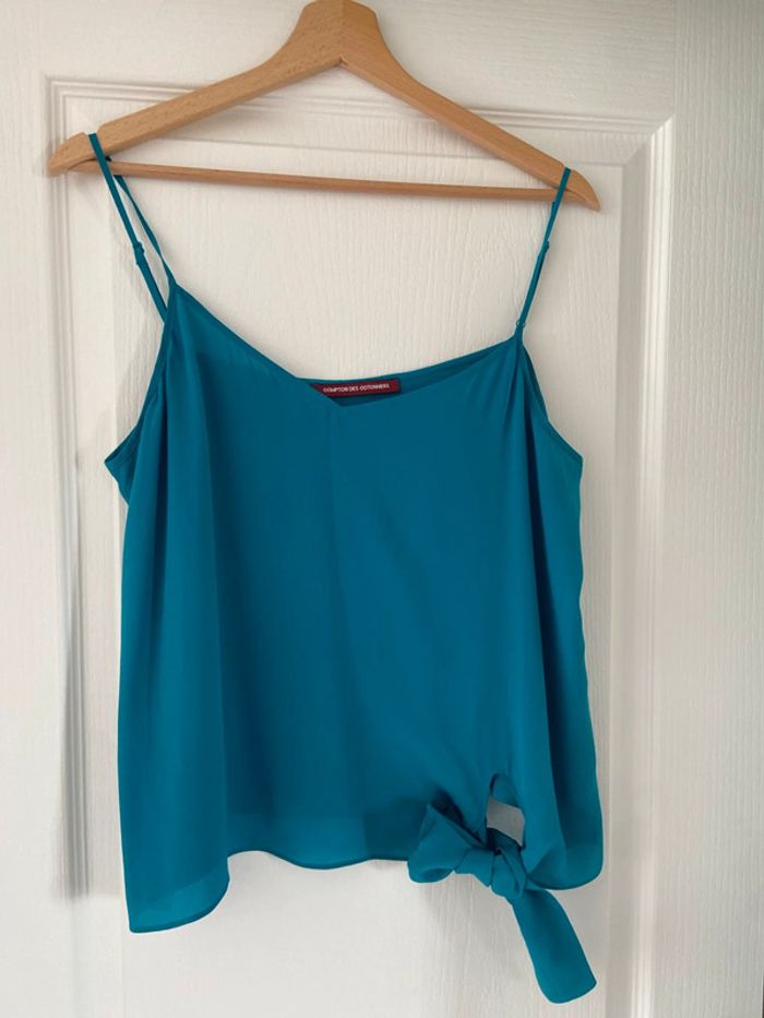 Top neuf fines bretelles en soie bleu turquoise/vert Comptoir des Cotonniers taille 42