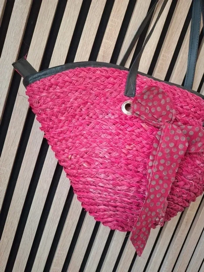 Sac cabat bandoulière rotin maille rose fushia - photo numéro 5