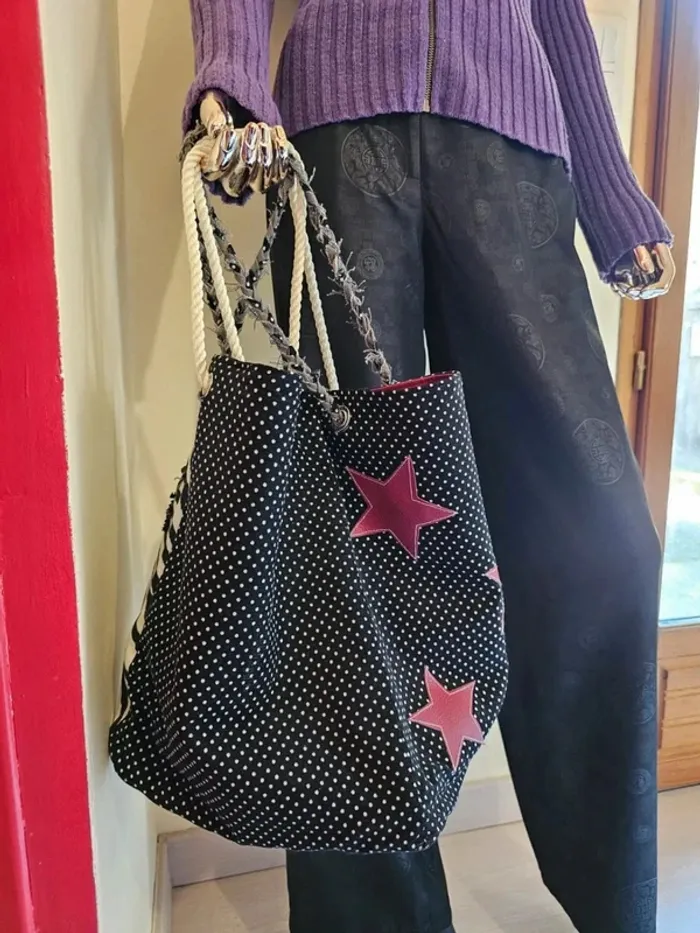 Sac cabas unique fait main – Patchwork denim, zèbre & pois – Style vintage original - photo numéro 2