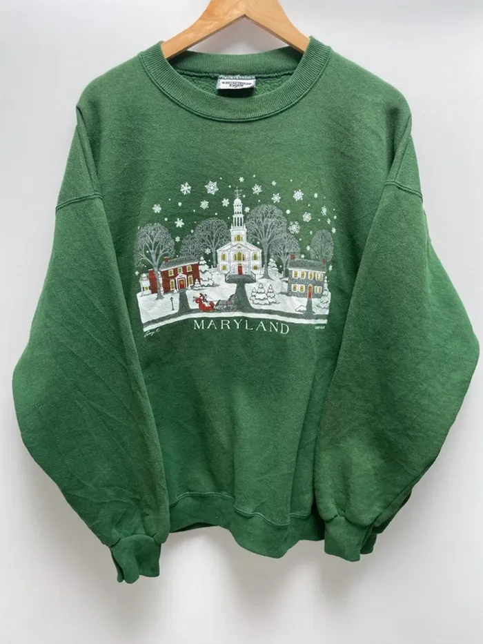 Crewneck green Winter Snowy Maryland vintage 90s Lee Mens XL Made in USA 🇺🇸