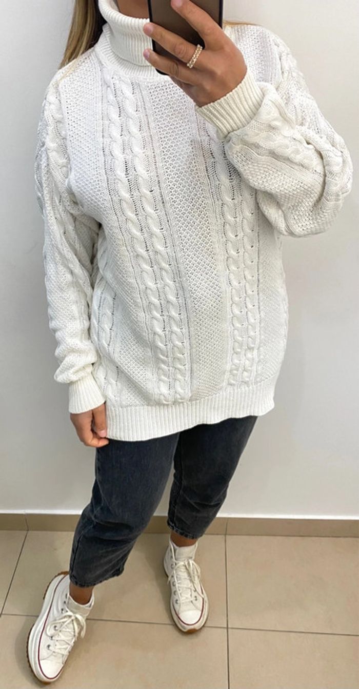 Superbe Pull Roulé Torsadé Blanc Taille M - photo numéro 7