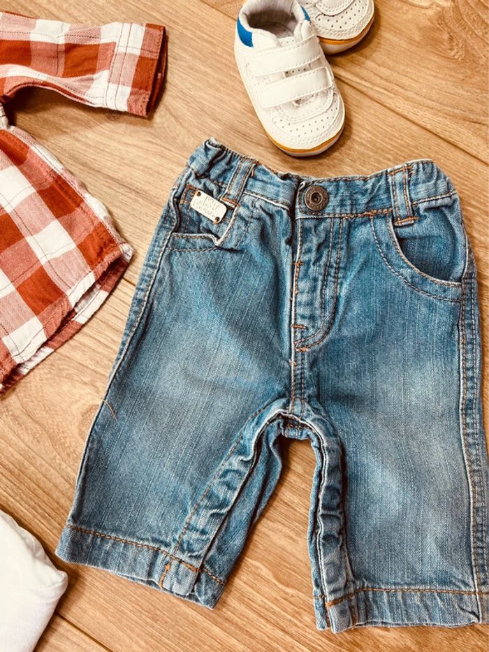 Taille 1 mois ensemble 3 pièces garçon Kiabi blanc brique et bleu jean * carreaux * 💙 - photo numéro 3