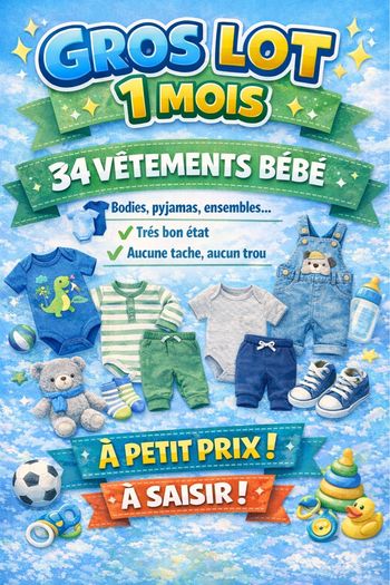Lot vêtements bébé garçon – 1 mois – 34 pièces