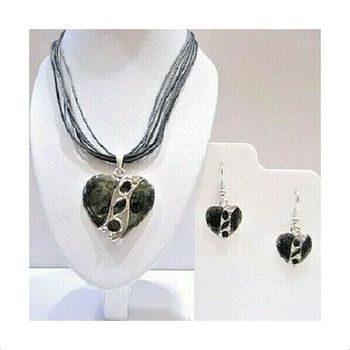 Parure Collier + Boucles Métal Argenté, Email & Strass