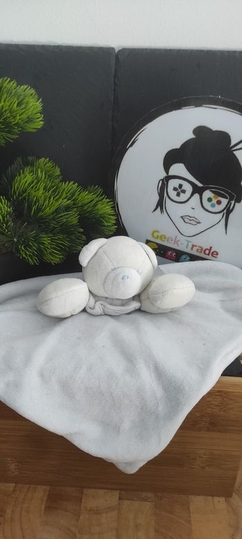 Doudou ours jacadi blanc bras ancien vintage bleu Collerette Carré Plat DD03110