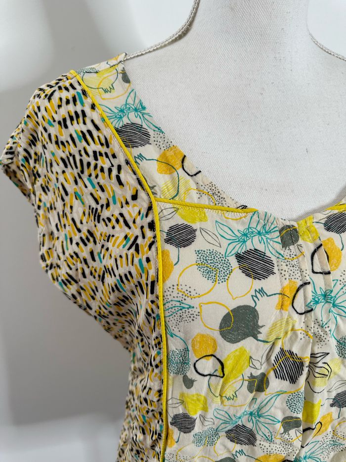 Blouse bariolée jaune et beige crème imprimés citrons agrumes T36 S - photo numéro 2
