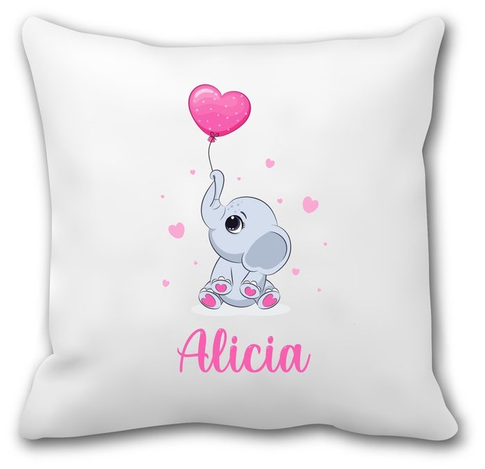Coussin personnalisé éléphanteau ballon cœur – Prénom au choix – Rentrée scolaire maternelle – Housse + garniture 40x40 cm – Déco chambre fille