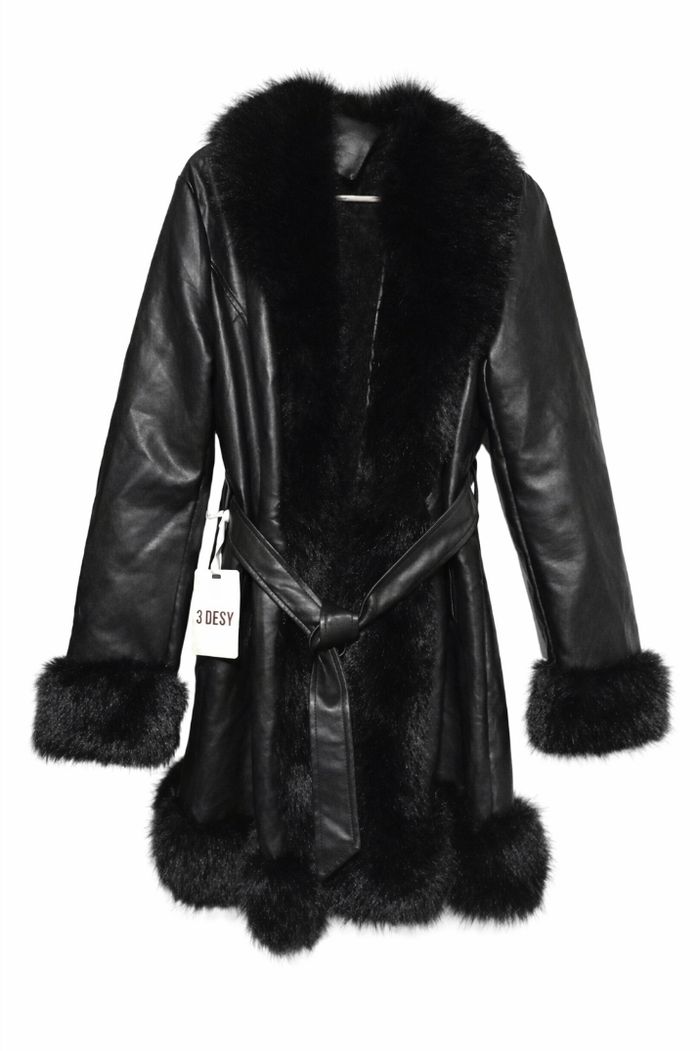 Manteau femme simili cuir noir et fausse fourrure
