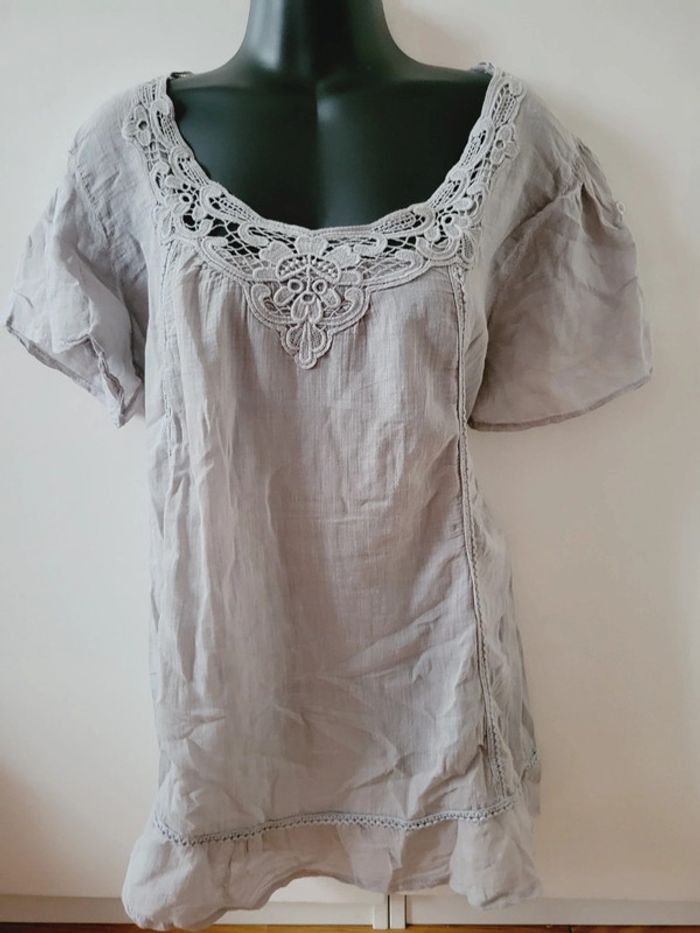 Haut Top tee shirt gris dentelle L /40 /12 coton coquette